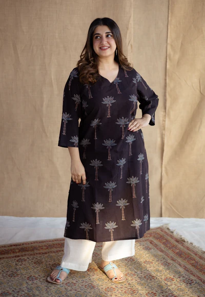 Aarushi Charcoal Ajrakh Cotton Straight Kurta Image