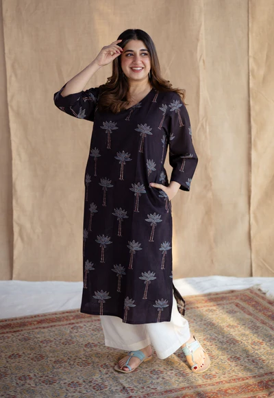 Aarushi Charcoal Ajrakh Cotton Straight Kurta Image