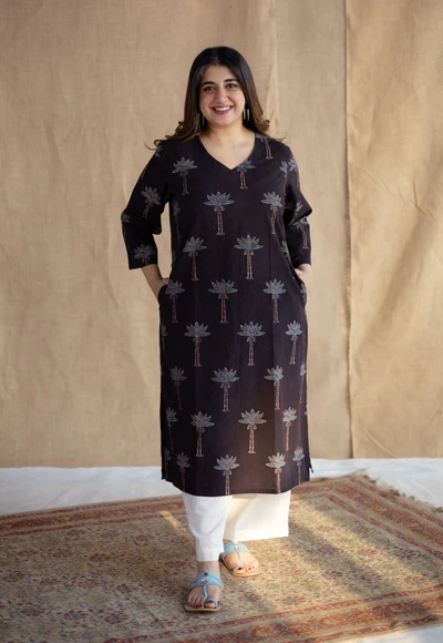 Aarushi Charcoal Ajrakh Cotton Straight Kurta Image